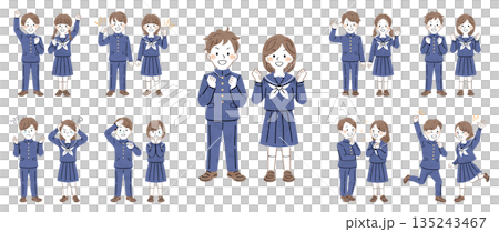 一套男女學生全身插畫，身著制服，姿勢和表情各異（握拳、思考、擔憂）。 135243467