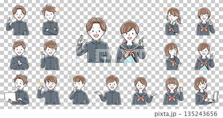 Upper body illustration set of male and female students in uniforms, various poses and expressions (explanation, guidance, question) 135243656