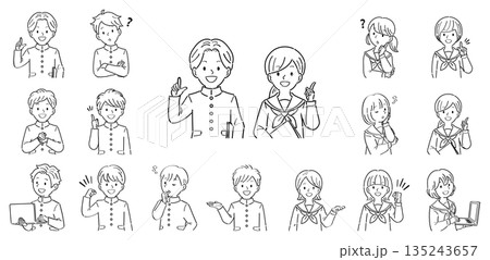 制服姿の男女の学生の上半身イラストセット・様々なポーズと表情（説明、案内、疑問）線画 135243657