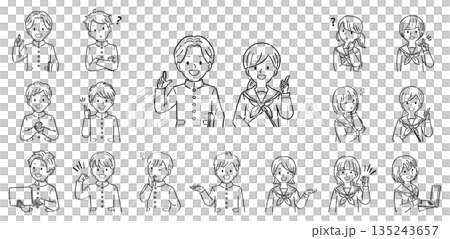 制服姿の男女の学生の上半身イラストセット・様々なポーズと表情（説明、案内、疑問）線画 135243657