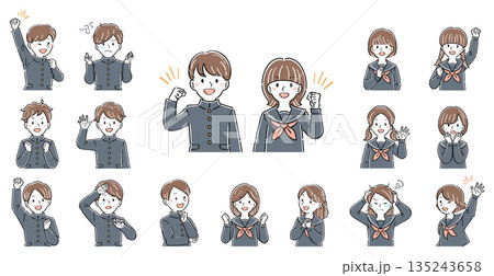 制服姿の男女の学生の上半身イラストセット・様々なポーズと表情（ガッツポーズ、考える、悩む） 135243658