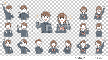 制服姿の男女の学生の上半身イラストセット・様々なポーズと表情（ガッツポーズ、考える、悩む） 135243658