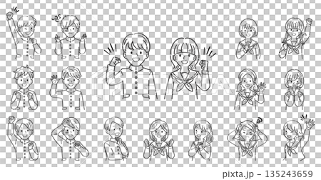 制服姿の男女の学生の上半身イラストセット・様々なポーズと表情(ガッツポーズ、考える、悩む)線画 制服姿の男女の学生の上半身イラストセット・様々なポーズと表情(ガッツポーズ、考える、悩む)線画 135243659