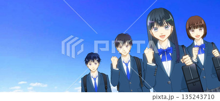 広がる青空、高校生または中学生の男女のアニメ風イラスト、左に余白 広がる青空、高校生または中学生の男女のアニメ風イラスト、左に余白 135243710