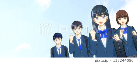 広がる青空、高校生または中学生の男女のアニメ風イラスト、左に余白 135244086