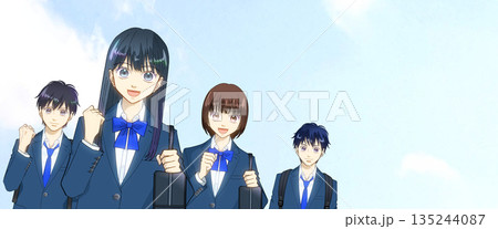 広がる青空、高校生または中学生の男女のアニメ風イラスト、右に余白 広がる青空、高校生または中学生の男女のアニメ風イラスト、右に余白 135244087