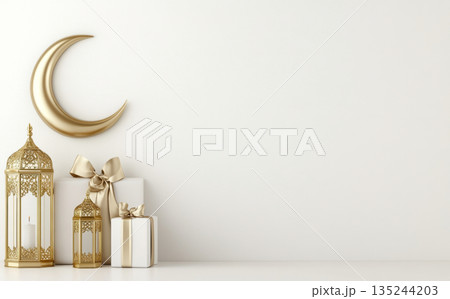 Eid al-Fitr celebration postcard with golden lantern, crescent moon, and gift decor, background, copy space 135244203