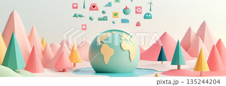 Low-poly Earth surrounded by floating eco-icons in a pastel landscape, background Low-poly Earth surrounded by floating eco-icons in a pastel landscape, background 135244204