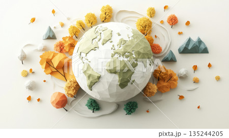 Low-poly Earth surrounded by floating eco-icons in a pastel landscape, background 135244205