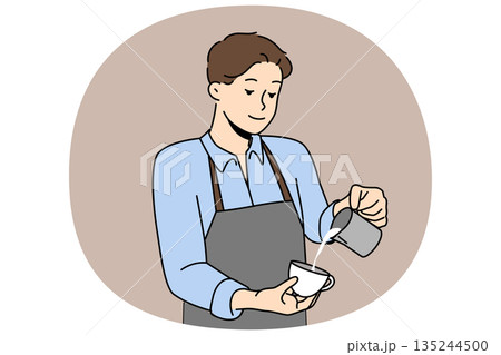 Man barista prepares delicious coffee with fresh cream, working in trendy coffee shop or restaurant 135244500