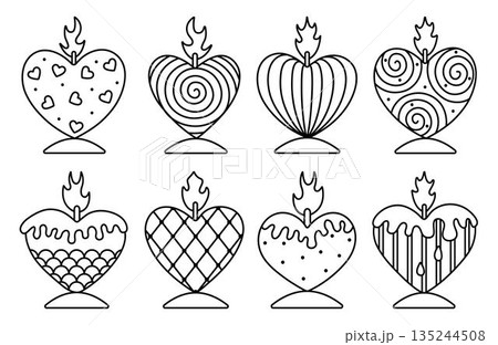 Black line heart shaped candle set, monochrome outline vector signs. Romantic cliparts for Valentine's Day, linear pictograms with whimsical abstract geometric patterns, dots, psychedelic swirls, etc. Black line heart shaped candle set, monochrome outline vector signs. Romantic cliparts for Valentine's Day, linear pictograms with whimsical abstract geometric patterns, dots, psychedelic swirls, etc. 135244508