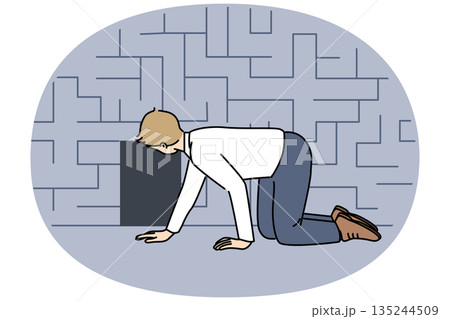 Man searching exit from labyrinth, crawling near miniature door, as metaphor for difficult situation Man searching exit from labyrinth, crawling near miniature door, as metaphor for difficult situation 135244509