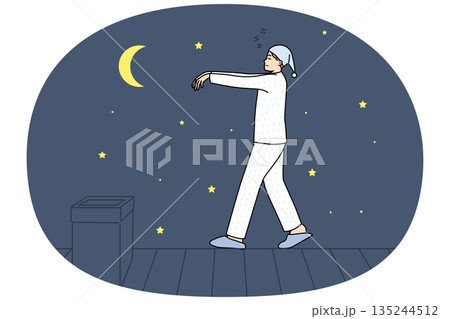 Sleepwalking man walks on roof of house at night, walking in unconscious state due to somnambulism Sleepwalking man walks on roof of house at night, walking in unconscious state due to somnambulism 135244512