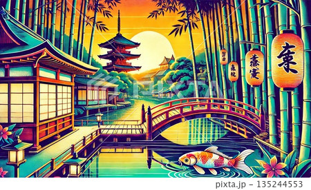 京都の竹林と日本の橋の風景 135244553