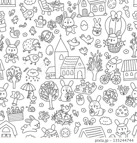 Vector Easter line seamless pattern. Farm black and white repeat background with bunny, chicks, church, eggs, basket, flowers, house, nature element. Spring holiday coloring page Vector Easter line seamless pattern. Farm black and white repeat background with bunny, chicks, church, eggs, basket, flowers, house, nature element. Spring holiday coloring page 135244744