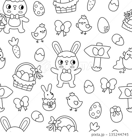 Vector Easter seamless pattern. Line farm repeat background with bunny, chicks, basket, eggs, carrot, egg hunt sign, chocolate hare. Black and white spring holiday digital paper or coloring page 135244745