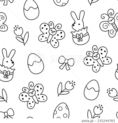 Vector Easter gifts seamless pattern. Line farm repeat background with chocolate bunny, eggs, butterfly, bow, tulip flowers. Spring holiday black and white digital paper, coloring page Vector Easter gifts seamless pattern. Line farm repeat background with chocolate bunny, eggs, butterfly, bow, tulip flowers. Spring holiday black and white digital paper, coloring page 135244765