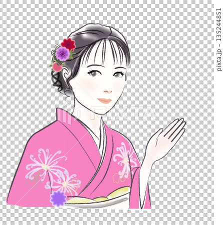 左手を差し出してこちらに目線を向けている着物の女性 135244851