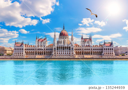 Budapest Parliament main view from the Danube River, iconic Landmark of Hungary 135244939