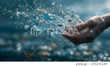 Human hand breaking through splashing water with debris illustrating power resilience and dynamic energy in nature 135245144