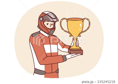 Man racer with golden cup for winning tournament rejoices at receiving championship title Man racer with golden cup for winning tournament rejoices at receiving championship title 135245219