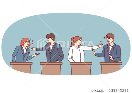 Debates of politicians standing behind stands during election campaign in parliament 135245251
