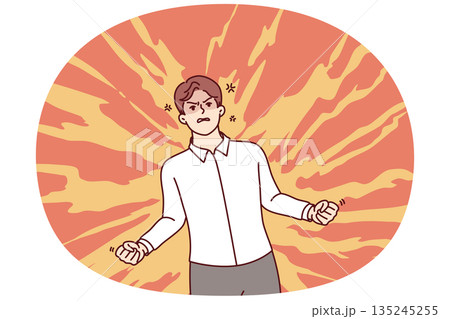 Angry businessman clenching fists standing in flames and feeling hatred and aggression. Angry businessman clenching fists standing in flames and feeling hatred and aggression. 135245255