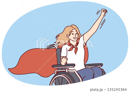 Woman with wheelchair in superhero cape symbolizes determination to overcome difficulties 135245364