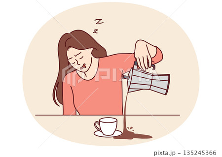Tired woman spills coffee falling asleep during breakfast and needing vacation due to overtime Tired woman spills coffee falling asleep during breakfast and needing vacation due to overtime 135245366