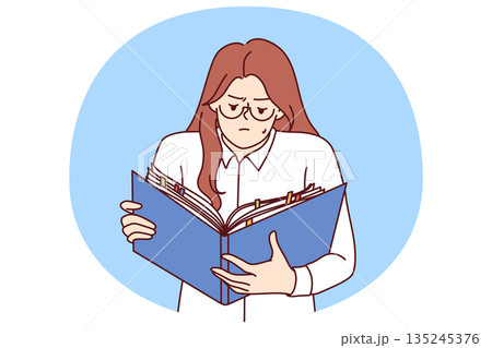 Woman is studying secret documents holding folder of papers and working with confidential data Woman is studying secret documents holding folder of papers and working with confidential data 135245376