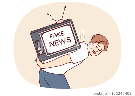 Man suffering from fake news on TV for concept of fighting disinformation and propaganda in media Man suffering from fake news on TV for concept of fighting disinformation and propaganda in media 135245408