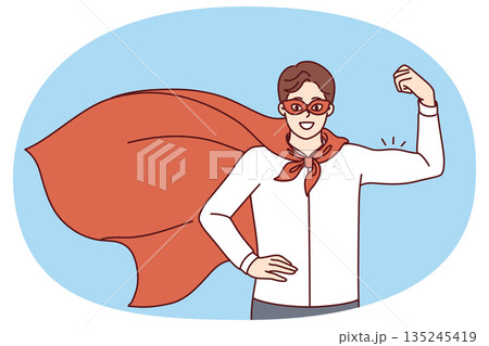 Man superhero in office worker clothes and red cape shows biceps for high business skills concept 135245419