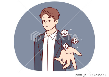 Man throws dice inviting you to visit casino and try your luck at roulette with big cash prize Man throws dice inviting you to visit casino and try your luck at roulette with big cash prize 135245445