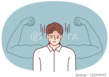 Frustrated man wants to get strong to have muscular arms and needs help of fitness trainer Frustrated man wants to get strong to have muscular arms and needs help of fitness trainer 135245475
