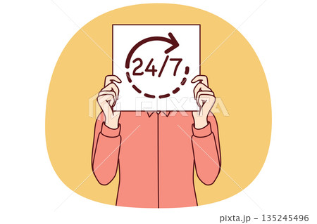 Man holds 24x7 sign in front face symbolizing non-stop work and no days off due to strict deadlines Man holds 24x7 sign in front face symbolizing non-stop work and no days off due to strict deadlines 135245496