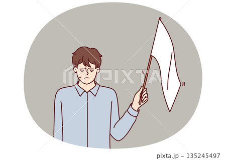 Man with white flag gives up, admitting own defeat due to lack of strength and motivation to fight Man with white flag gives up, admitting own defeat due to lack of strength and motivation to fight 135245497