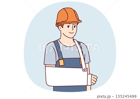 Man builder with broken arm after accident at workplace for employees insurance concept Man builder with broken arm after accident at workplace for employees insurance concept 135245499
