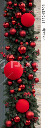 Decorated Christmas garland with red ornaments and berries along a stone wall 135245706