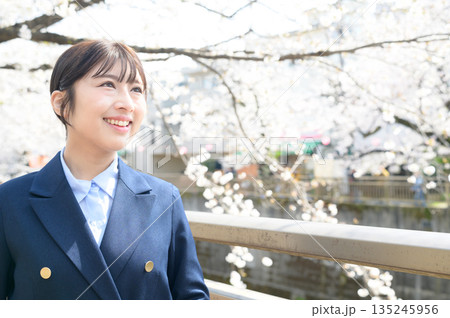 桜を見上げる日本人女性 桜を見上げる日本人女性 135245956
