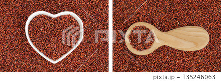 red quinoa seeds in ceramic bowl and wooden spoon as a background. Top view. Flat lay red quinoa seeds in ceramic bowl and wooden spoon as a background. Top view. Flat lay 135246063