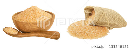 The brown sugar in wooden bowl and bag isolated on white background 135246121