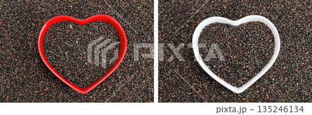 black quinoa in ceramic bowl as a background. Top view. Flat lay black quinoa in ceramic bowl as a background. Top view. Flat lay 135246134
