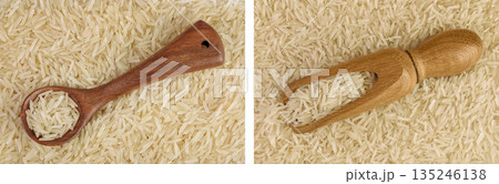 rice basmati in wooden spoon and scoop as a background. Top view. Flat lay 135246138