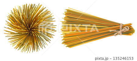 Colorful spaghetti tricolore pasta isolated on white background. Top view. Flat lay 135246153
