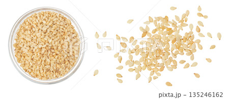 Sesame seeds in glass bowl isolated on white background. Top view. Flat lay Sesame seeds in glass bowl isolated on white background. Top view. Flat lay 135246162