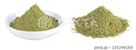 ground Laurel leaves in ceramic bowl isolated on white background. Green bay leaf ground Laurel leaves in ceramic bowl isolated on white background. Green bay leaf 135246168