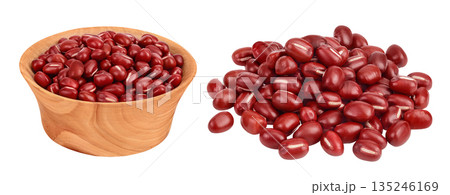 Red adzuki beans in wooden bowl isolated on white background Red adzuki beans in wooden bowl isolated on white background 135246169
