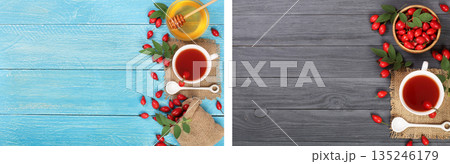 tea with rose hips and honey on blue and black wooden background with copy space for your text. Top view tea with rose hips and honey on blue and black wooden background with copy space for your text. Top view 135246179
