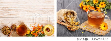Calendula tea with fresh and dried flowers on black and white wooden background with copy space for your text. Top view Calendula tea with fresh and dried flowers on black and white wooden background with copy space for your text. Top view 135246182