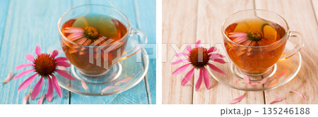 Cup of echinacea tea on blue and white wooden background Cup of echinacea tea on blue and white wooden background 135246188
